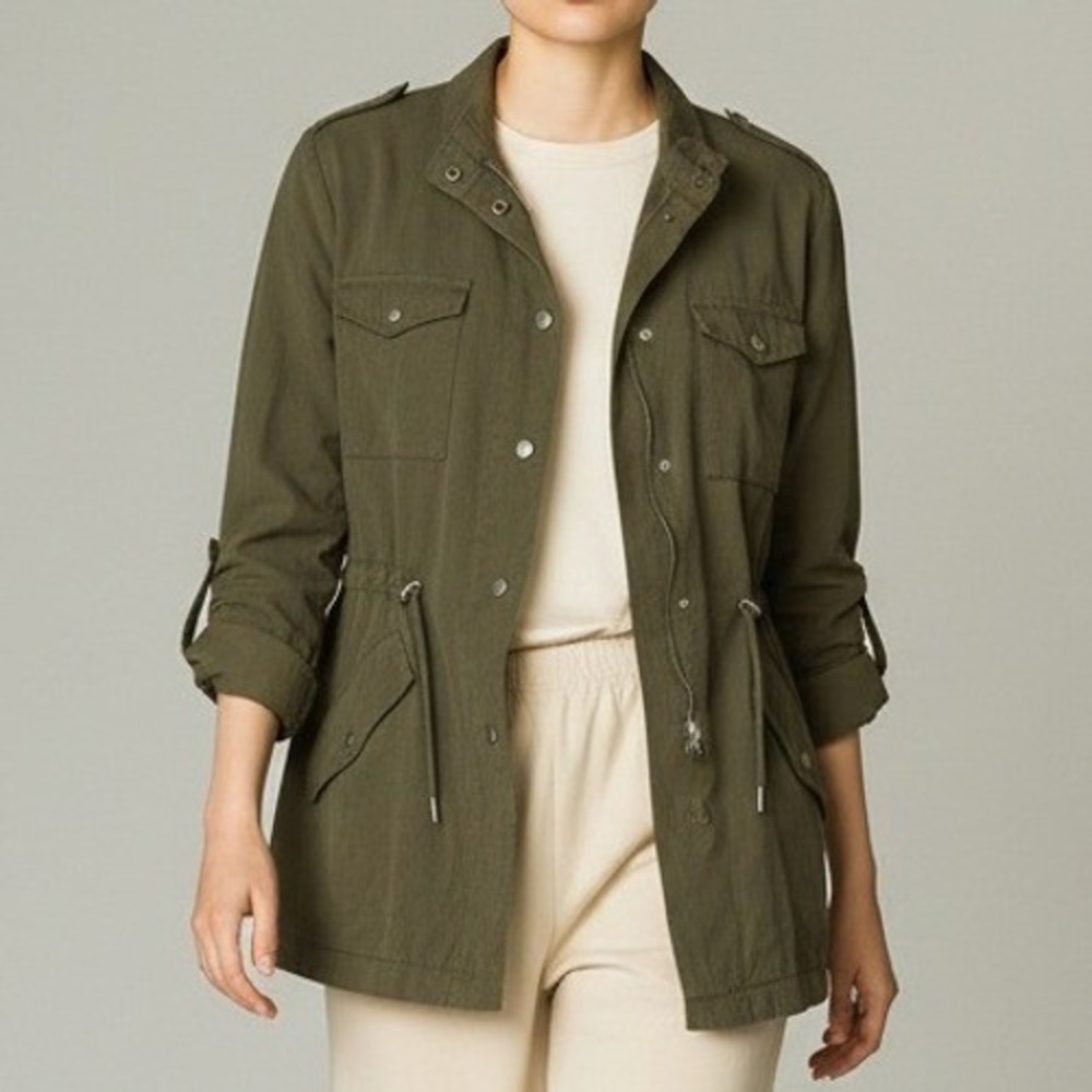 Zaraβ Womens Field Jacket Olive Green Utility Drawstring Waist Cotton Blend S